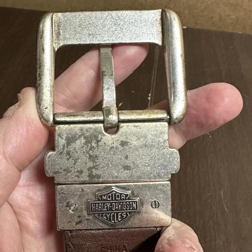 Vintage Harley-Davidson Black Leather Belt Antique Silver Buckle Mens 37